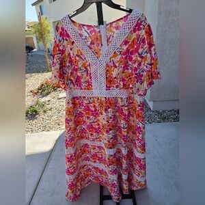 Floral V-Neck Dress with Lace Trim